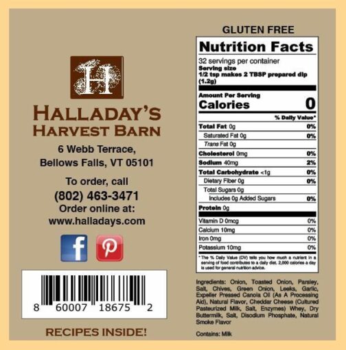 HALLADAY'S HARVEST BARN BACON CHEDDAR ONION DIP & COOKING BLEND NUTRITION