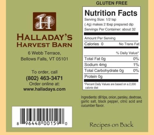 HALLADAY'S HARVEST BARN CUCUMBER DILL DIP & COOKING BLEND NUTRITION