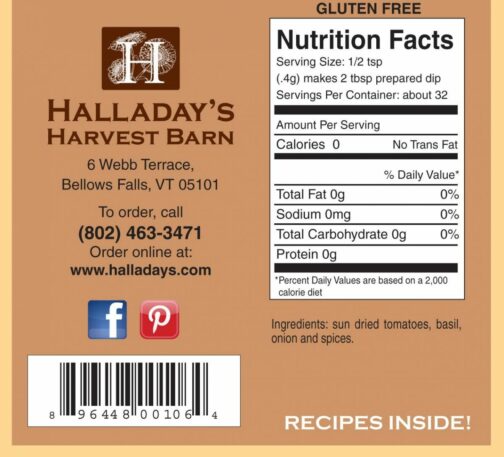 HALLADAY'S HARVEST BARN GARLIC TOMATO BASIL DIP & COOKING BLEND NUTRITION