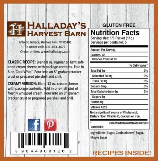 HALLADAY'S HARVEST BARN MAPLE CHEESECAKE MIX NUTRITION